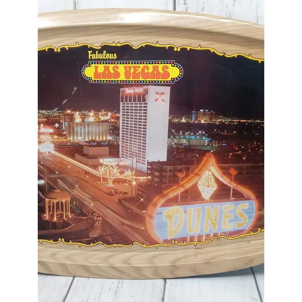 Vtg Las Vegas Strip Tin Tray Birdseye Night View Flamingo Hilton Dunes Caesars